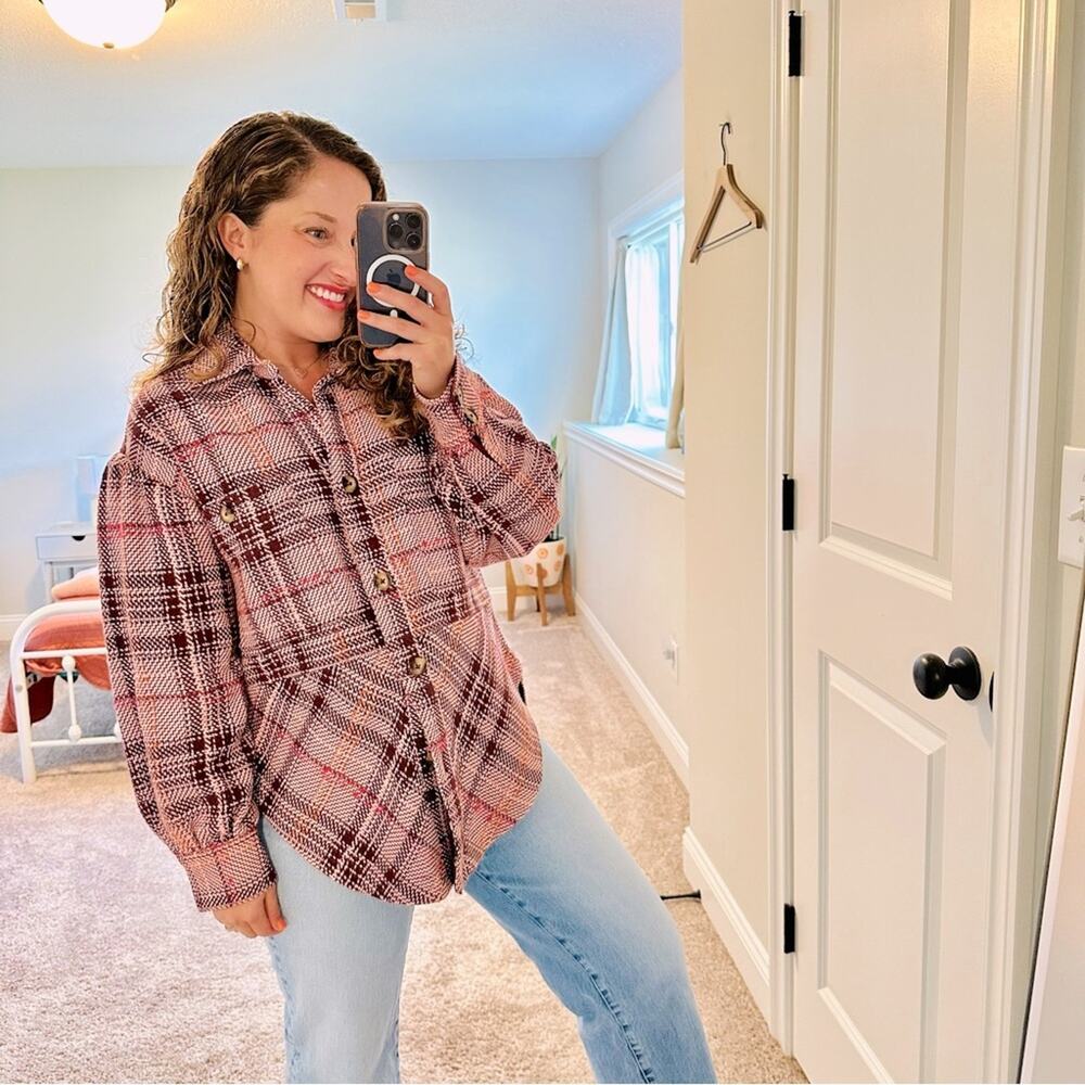 Anthropologie Pink Red Plaid Shirt Jacket Shacket Small\